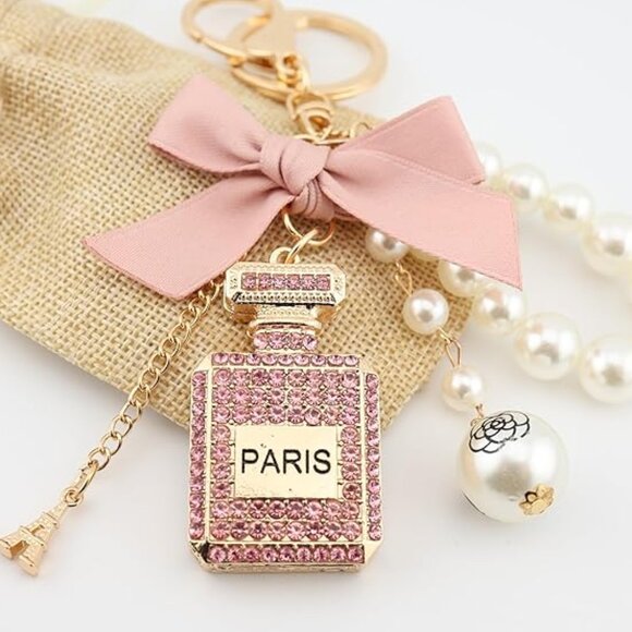 Paris Perfume Bottle Pearl Crystal Keychain Bag Charm - Picture 5 of 5